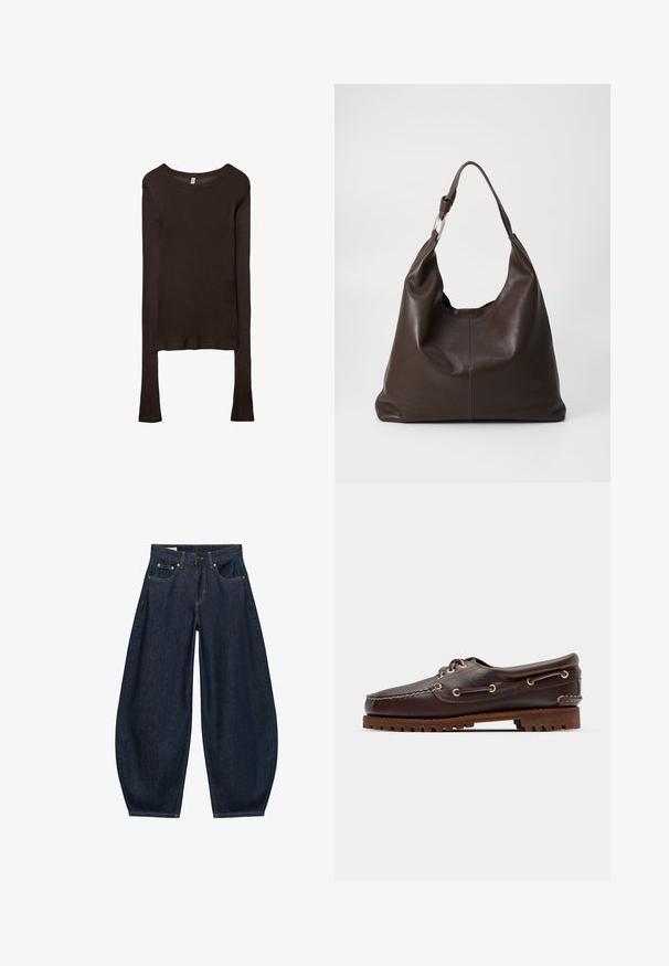 Haut ajusté à manches longues en tissu marron foncé. Encolure ronde, texture lisse et manches légèrement allongées sans poignets.; Jean en denim bleu foncé à jambes larges avec poches avant, passants de ceinture et fermeture par bouton à la taille.; Bateau en cuir marron avec des œillets dorés, des lacets ronds et une semelle en caoutchouc marron texturée. Présente des détails de couture et un logo en relief.; Zign by Zalando LEATHER - Cabas - chocolate brown
