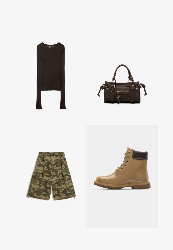 Haut ajusté à manches longues en tissu marron foncé. Encolure ronde, texture lisse et manches légèrement allongées sans poignets.; Short cargo camouflage avec taille élastique, poches latérales et cordons au bas de l'ourlet.; Bottines en cuir verni tan avec des accents marron, bout rond, six œillets en métal, lacets marron et semelle en caoutchouc texturée.; Sac à main en cuir marron foncé avec double poignée, poche avant zippée, boucles décoratives et nœuds latéraux sur fond blanc.