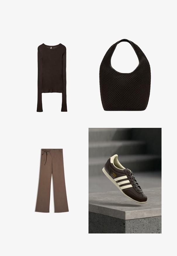 Haut ajusté à manches longues en tissu marron foncé. Encolure ronde, texture lisse et manches légèrement allongées sans poignets.; Pantalon large marron taille haute, avec poches avant et cordon noué sur le côté gauche.; Baskets Adidas Japan marron avec des bandes blanches et une semelle blanche, positionnées en l'air au-dessus d'un rebord en béton avec des marches floues en arrière-plan.; Sac cabas noir en maille à tissage ouvert avec poignée supérieure arrondie et corps large et incurvé.