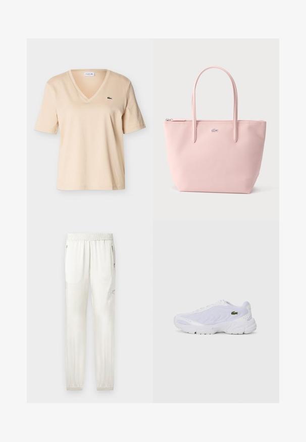 Beige V-hals T-shirt met korte mouwen en een klein groen krokodillenlogo op de linkerborst, weergegeven tegen een effen achtergrond.; Lichtgekleurde joggers met een elastische tailleband, taps toelopende boorden, zijzakken en ritssluitingen. Gladde, licht glanzende stofafwerking.; Witte sportschoenen met bovenwerk van mesh, textuurdesign en gevoerd kraagje. Beschikt over een groen logo aan de zijkant en een gevoerde zool voor comfort.; Lichtroze tote bag met twee lange hengsels, ritssluiting en een klein zilverkleurig krokodillenlogo aan de voorzijde in het midden.