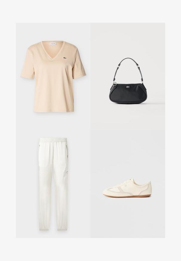 T-shirt beige à col en V et manches courtes, avec petit logo crocodile vert sur le côté gauche de la poitrine, présenté sur un fond uni.; Joggers crème clair avec taille élastique, finitions fuselées, poches latérales et accents zippés. Tissu lisse avec une finition légèrement brillante.; Baskets couleur crème avec une tige en daim et tissu, un bout arrondi, et une semelle en caoutchouc avec un détail accent beige. Fermeture à lacets.; Sac d'épaule noir avec sangle réglable, fermeture éclair et petit logo crocodile argenté au centre devant.