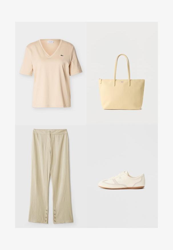 Camiseta beige de manga corta con cuello en V y pequeño logo de cocodrilo verde en el pecho izquierdo, mostrada sobre un fondo liso.; Pantalones beige de pierna ancha hechos de tela texturizada, con una cintura lisa y detalles de botones en el dobladillo.; Zapatillas de color crema con parte superior de ante y tela, puntera redondeada y suela de goma con un detalle en beige. Diseño con cordones.; Bolso tote beige con asas dobles, cierre de cremallera y un pequeño logo plateado centrado cerca de la parte superior.