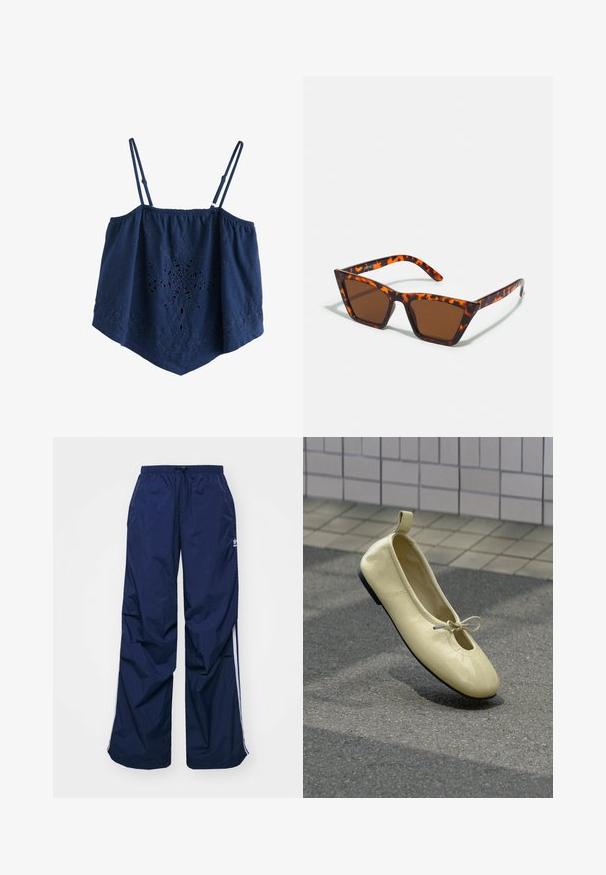 Top corto sin mangas azul marino con tirantes finos ajustables y bordado floral calado en el frente y el dobladillo.; Pantalones de color azul marino, ligeros, con cintura elástica y cordón ajustable, con franjas blancas laterales y un pequeño logo en la parte delantera. Diseño de corte holgado.; Un único zapato plano de ballet de color amarillo pálido con detalle de lazo descansando sobre un pavimento gris cerca de una pared alicatada.; Gafas de sol con tonalidades marrones y un patrón de carey, de montura angular y brazos delgados. Material plástico ligero.