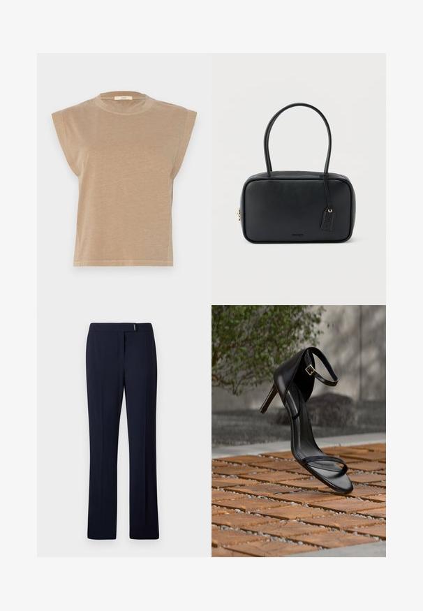 Beige T-Shirt mit kurzen Ärmeln und lockerer Passform, leicht überschnittenen Schultern und rundem Ausschnitt. Hergestellt aus weichem Stoff mit glatter Textur.; Navyblaue maßgeschneiderte Hose aus einem glatten Stoff, mit flacher Vorderseite, geraden Beinen und einem dezenten silbernen Akzent an der Taille.; Schwarze Sandalette mit hohem Absatz und Knöchelriemen schwebt über einem Holzboden im Freien vor verschwommenem Grün und Steinhintergrund.; Schwarze rechteckige Handtasche mit doppelten, abgerundeten Griffen, goldfarbenem Reißverschluss und geprägtem „HUGO“-Logo auf der Vorderseite sowie angebrachtem Lederanhänger.