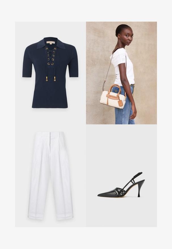 Top azul marino de manga corta con textura acanalada, cuello ancho y detalle de cordones en la parte delantera con ojales dorados y punteras doradas con marca.; Pantalones blancos de cintura alta con pliegues, trabillas para cinturón y cierre frontal oculto, mostrados sobre un fondo liso.; Zapato de tacón alto de charol negro con punta afilada, diseño de tiras entrecruzadas y tacón de aguja delgado. Textura suave y acentos mínimos.; Mujer con una blusa blanca sin hombros y jeans azules sostiene un bolso beige y marrón con asa para el hombro sobre un fondo liso.