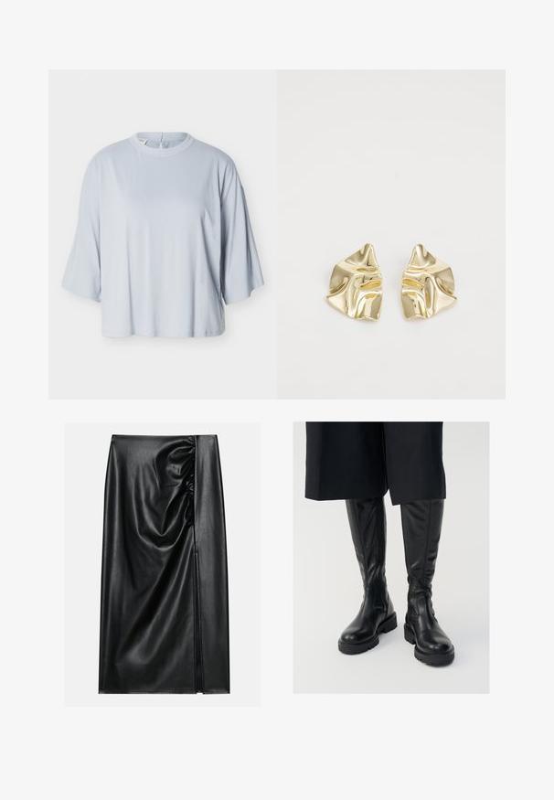 Top de color azul claro de corte holgado con mangas anchas hasta el codo y escote redondo, mostrado sobre un fondo blanco liso.; Falda de cuero negro con una textura suave, con una sección fruncida en un lado y una abertura lateral para añadir detalle.; Botas de cuero negras hasta la rodilla con una textura suave, suelas gruesas y cremalleras laterales. El diseño presenta un sutil detalle de costura.; Pendientes metálicos dorados con un diseño ondulado; superficie lisa y reflectante; forma asimétrica; sin patrones o elementos visibles.
