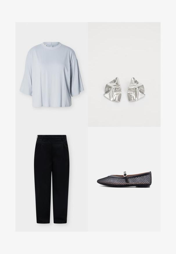 Haut ample bleu clair avec manches larges longueur coude et encolure ronde, présenté sur un fond blanc uni.; Pantalon noir taille haute à jambes droites avec passants pour ceinture et poches latérales avant, présenté à plat sur fond blanc.; Chaussure plate Mary Jane en mesh noir avec un bout arrondi, une fine bride et une boucle dorée sur fond blanc.; Boucles d'oreilles en métal argenté avec un design ondulé et sculptural, présentant une finition polie et des formes irrégulières, mettant en valeur une esthétique contemporaine.