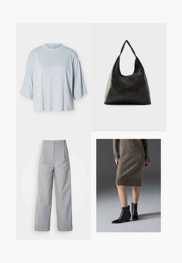 Lichtblauw loszittend shirt met brede mouwen tot de elleboog en een ronde hals, getoond op een effen witte achtergrond.; Grijze wijde broek van gestructureerde stof, met een hoge taille, plooien aan de voorkant en een rechte pasvorm naar de zoom.; Zwarte leren enkellaarsjes met een spitse neus, een stevige hak en zigzagstiksels, gecombineerd met een geribd, bruin brei-jurk.; Zwarte schoudertas van glad leer met een brede, enkele band en een nonchalant, minimalistisch ontwerp tegen een effen achtergrond.