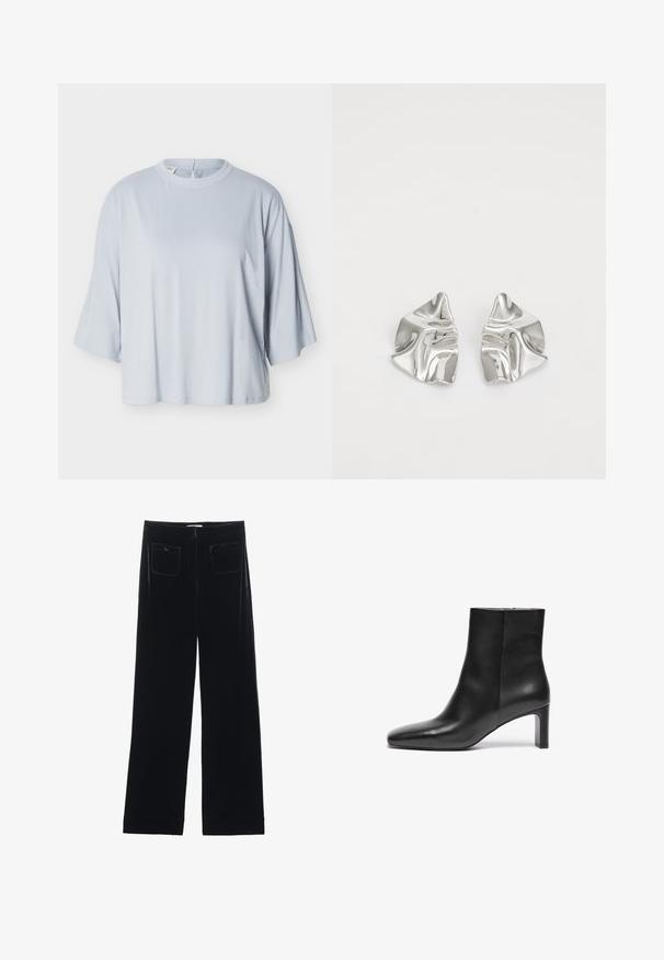 Haut ample bleu clair avec manches larges longueur coude et encolure ronde, présenté sur un fond blanc uni.; Pantalons larges en velours noir avec deux poches arrière et une texture lisse, présentant une coupe droite et une finition ourlée aux chevilles.; Bottine en cuir noir avec un bout pointu, un talon effilé et une texture lisse ; elle dispose d'une fermeture éclair sur le côté.; Boucles d'oreilles en métal argenté avec un design ondulé et sculptural, présentant une finition polie et des formes irrégulières, mettant en valeur une esthétique contemporaine.