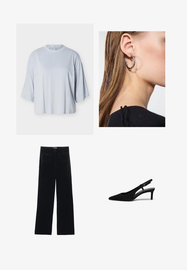 Top de color azul claro de corte holgado con mangas anchas hasta el codo y escote redondo, mostrado sobre un fondo blanco liso.; Pantalones de terciopelo negro de pierna ancha con dos bolsillos traseros y una textura suave, con un corte recto y un acabado dobladillo en los tobillos.; Zapato slingback de ante negro con punta afilada, tacón bajo, lado abierto y correa ajustable con hebilla de metal. Textura suave.; Pendiente de aro de plata con un acabado pulido, que presenta pequeños detalles en dorado y una forma redonda, llevado en el lóbulo.