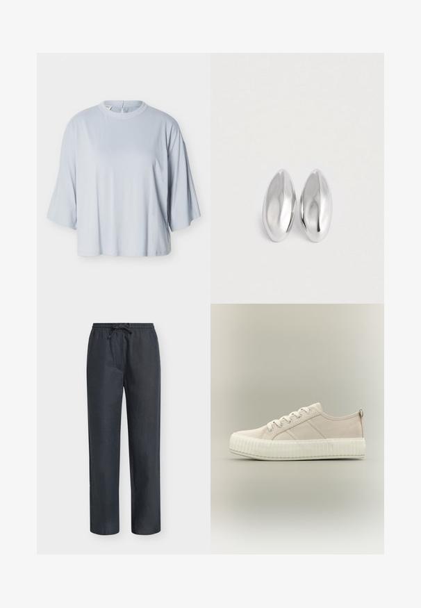 Haut ample bleu clair avec manches larges longueur coude et encolure ronde, présenté sur un fond blanc uni.; Pantalon droit noir avec taille élastique et cordon de serrage, coupe décontractée et texture subtile.; Baskets basses en toile beige avec semelle épaisse en caoutchouc blanc et lacets, vues de profil sur un fond neutre.; Paire d'objets ovales en argent luisant et lisse disposés côte à côte sur un fond blanc uni.