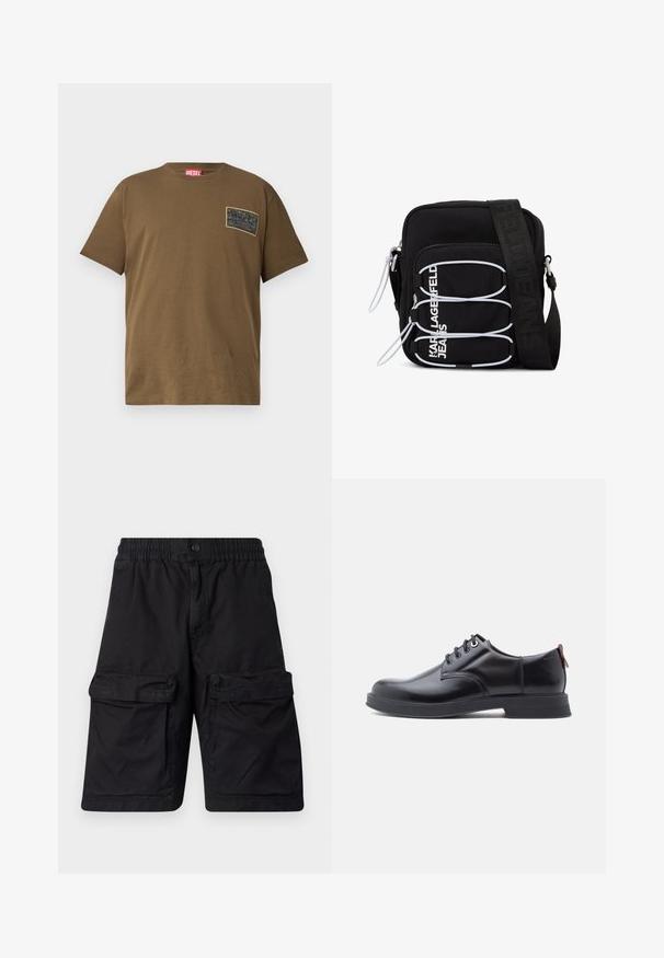 Brun bomulds T-shirt med rund hals, der har et sort grafikmærke på venstre bryst. Kortærmet og med lige nederkant.; Sorte shorts lavet af slidstærkt stof med elastisk talje, to store cargo-lommer på hver side og syet detaljering.; Sorte snørestøvler i læder med glat tekstur, rundet tå og diskrete syningsdetaljer. Har en rød trækflig på hælen.; Sort skuldertaske med hvide elastiske løkker, lynlåstræk og hvid "KARL LAGERFELD JEANS" tekst på frontlommen.