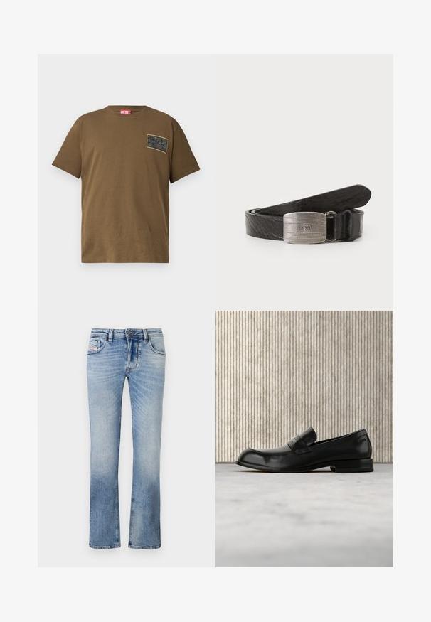 Bruine katoenen t-shirt met ronde hals, voorzien van een zwart grafisch patch op de linkerborst. Korte mouwen en een rechte zoom.; Lichtblauwe denim jeans met een rechte pasvorm, voorzien van voorzakken, een rits en subtiele vervagingen door de stof.; Zwarte leren loafer met metalen accent, zwevend weergegeven boven een beige tapijt, met een ronde, amberkleurige tafel op de achtergrond.; Zwarte leren riem met een gestructureerde afwerking, voorzien van een rechthoekige zilverkleurige gesp met ingekrast merkniveau. Gladde randen, klassieke uitstraling.