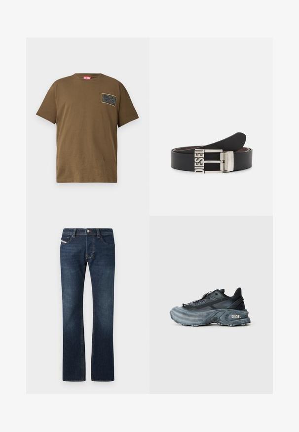 Camiseta de algodón marrón con cuello redondo, que presenta un parche gráfico negro en el lado izquierdo del pecho. Mangas cortas y dobladillo recto.; Jeans de mezclilla azul oscuro con corte recto, cinco bolsillos y detalles de costura sutiles. Cuenta con cierre de botón metálico y cremallera.; Zapatilla Diesel en negro y gris con suela gruesa, cierre de cordón y diseño texturizado sobre un fondo liso de color gris claro.; Cinturón de cuero negro con una hebilla de metal plateada que presenta el texto embossado "DIESEL". El diseño es elegante con una textura suave.
