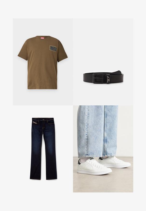 Brun bomulds T-shirt med rund hals, der har et sort grafikmærke på venstre bryst. Kortærmet og med lige nederkant.; Mørkeblå denim jeans med lige ben, med orange syninger, lynlås og forlommer. Glat tekstur og standard talje.; Hvide sneakers med en glat lædertekstur, sorte hæl detaljer og perforerede elementer. Sammen med lyseblå bukser med vide ben i denim.; Diesel DAVE - Bælter - t8013