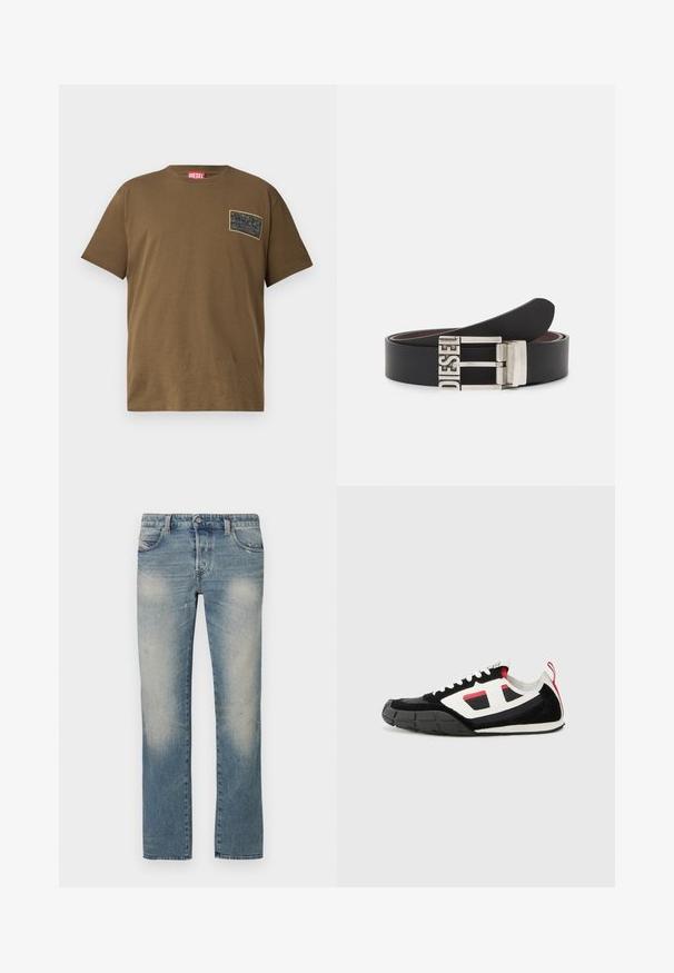 T-shirt en coton marron avec un col rond, comportant un patch graphique noir sur la poitrine gauche. Manches courtes et ourlet droit.; Jean droit en denim bleu clair avec zones délavées, cinq poches et fermeture à bouton. Le tissu présente de légers effets d'usure et des marques d'usure.; Diesel S PAGODHA LOW - Baskets basses - black; Ceinture en cuir noir avec une boucle en métal argenté portant le texte en relief "DIESEL". Le design est épuré avec une texture lisse.