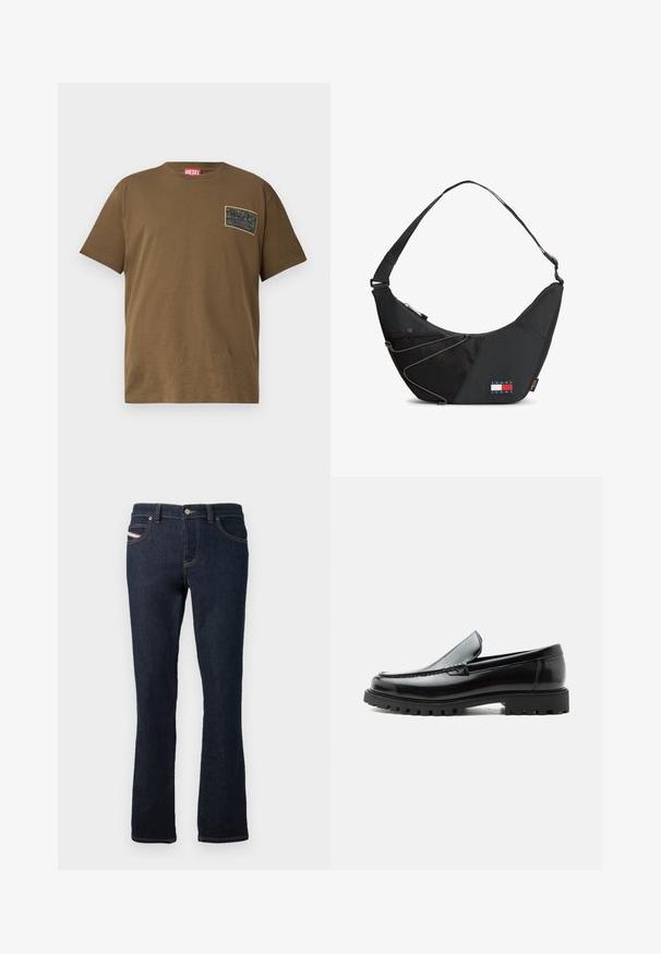 Bruine katoenen t-shirt met ronde hals, voorzien van een zwart grafisch patch op de linkerborst. Korte mouwen en een rechte zoom.; Navyblauwe denim jeans met een rechte snit, voorzien van oranje stiksels, een metalen knoopsluiting en een klein logo op de achterzak.; Zwarte leren loafer met dikke rubberen zool, gestikte bovenkant en gegraveerde merknaam op de hiel, zijaanzicht op witte achtergrond.; Zwarte crossbodytas met verstelbare riem, voorvak van mesh met koord en Tommy Jeans-logo in de onderste voorkanthoek.