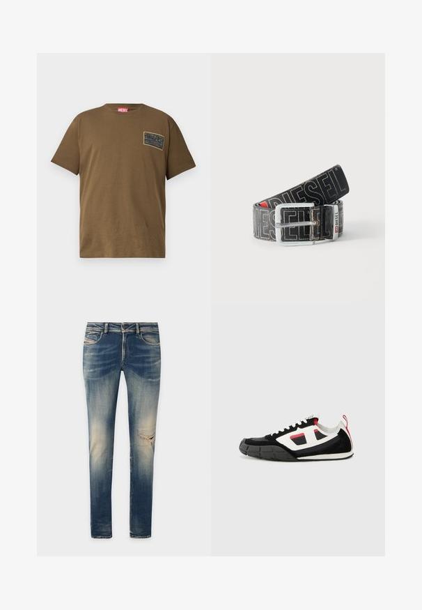 Καφέ βαμβακερό t-shirt με κανονικό λαιμό, που διαθέτει μια μαύρη γραφική πατίνα στο αριστερό στήθος. Συντομότερα μανίκια και ευθεία ραφή.; Μπλε τζιν παντελόνι σε στενή γραμμή, με ξεθωριασμένο φινίρισμα, διακριτικά φθορά και μια σκισμένη τρύπα στο αριστερό γόνατο. Κλασικός σχεδιασμός με πέντε τσέπες.; Diesel S PAGODHA LOW - Αθλητικά παπούτσια - black; Μαύρη ζώνη Diesel με μεγάλο λευκό λογότυπο, ορθογώνια ασημένια αγκράφα και μεταλλική λεπτομέρεια με χαρακτηριστικό σήμα, τυλιγμένη σε ανοιχτό φόντο.
