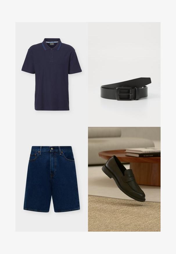 Polo bleu marine à manches courtes avec une patte de boutonnage à trois boutons et une bande bleu contrastante sur le col.; Shorts en jean bleu foncé taille haute avec passants pour ceinture, bouton à l’avant, fermeture éclair, et poches avant sur un fond clair uni.; Chaussure mocassin en cuir noir présentée en suspension au-dessus d'un tapis beige tissé, avec une table en bois et des livres empilés dans un salon doucement éclairé.; Ceinture en cuir noir avec une boucle en métal noir mat, présentant une texture lisse et un design simple. Longueur réglable avec une extrémité effilée.