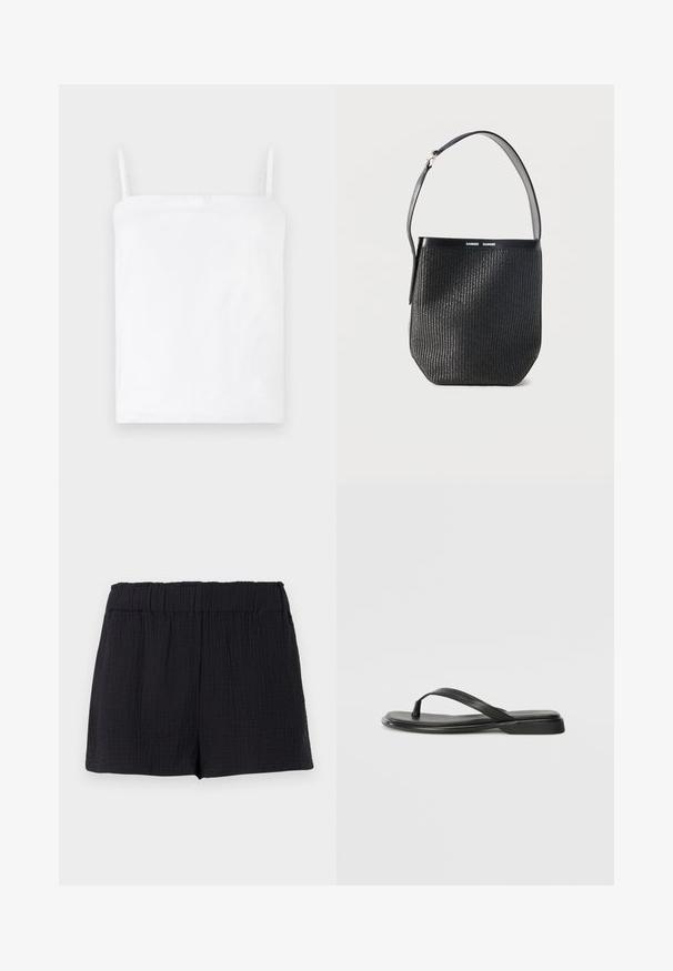 Camisole en coton blanc avec des bretelles fines ajustables, un décolleté droit et une texture douce. Design simple, sans motifs ni éléments métalliques visibles.; Shorts en tissu noir texturé avec une taille élastique et une coupe ample et décontractée.; Tongs noires en cuir lisse, avec un design de sangle fine et une semelle plate à profil minimal. Aucun motif ou accent notables.; Sac seau noir tissé avec une seule bandoulière réglable et une garniture en cuir lisse en haut, marqué "SAMSØE SAMSØE."