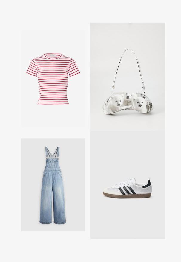 Rød- og hvidstribet kortærmet T-shirt lavet af ribbet stof med rund hals og tætsiddende design.; Lyseblå denim overalls med brede ben, justerbare skulderstropper, frontlomme og metalbuttons på siderne. Klassisk stil med en afslappet pasform.; Hvid mesh-sneaker med sorte striber, beige ruskind på tåhætte og hæl, tekstureret gummisål og hvide snørebånd. Klassisk lavtopsdesign.; Sølv håndtaske med en buet form, der har et trykt design af tre hvide bjørneunger på en glat overflade. Justerbar skulderrem inkluderet.