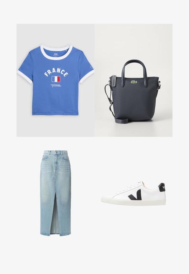 Sinine lühike t-särk valge krae ja varrukate äärisega, tekstiga "FRANCE", Prantsusmaa lipp ja Levi's Strauss of California logo ees.; Hele sinine denimsärk, millel on eest lõhik, viie tasku disain ja vööniidid. Valmistatud puuvillast, millel on sile tekstuur ja kerge pleekimine.; Valge tenniseking musta V-logoga, sujuva nahast pealispinnaga, ümarate varvastega, nööridega sulgemisega ja kontrastse musta kannaootsaga.; Tumesinine käekott tekstureeritud kangaga, kahe ülemise käepidemega ja eemaldatava rihmaga. Omab väikest Lacoste logo ja lukuga sulgemist.