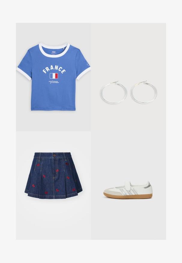 Camiseta azul recortada con cuello blanco y ribete en las mangas, texto "FRANCE", bandera francesa y logo de Levi's Strauss of California en el frente.; Falda de mezclilla con pliegues y un lavado oscuro, con detalles de mariposas bordadas en rojo y un clásico diseño de cinco bolsillos con cierre de botón frontal.; Zapatilla blanca con rayas plateadas, puntera de ante y tira de velcro. Suela de goma perfilada color caramelo. Diseño minimalista con acabado liso.; Pareja de pendientes de aro plateados brillantes con cierres de alambre delgado, mostrados sobre un fondo gris claro.
