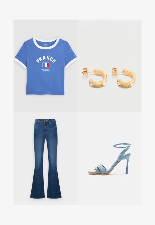 Modré krátke tričko s bielym golierom a lemovaním rukávov, text "FRANCE", francúzska vlajka a logo Levi's Strauss of California vpredu.; Modré denimové rifle s vysokým pásom a rozšírenými nohavicami, so zadnými vreckami, zapínaním na gombíky a zipsom.; Svetlomodrá denimová sandála na vysokom podpätku s popruhom okolo členka, otvorenou špičkou a strieborným zipsom a príveskom na prednom popruhu.; Malé zlaté kruhové náušnice s obdĺžnikovými segmentmi, každý s čírym drahokamom na prednej strane, so zapínaním na puzetu.