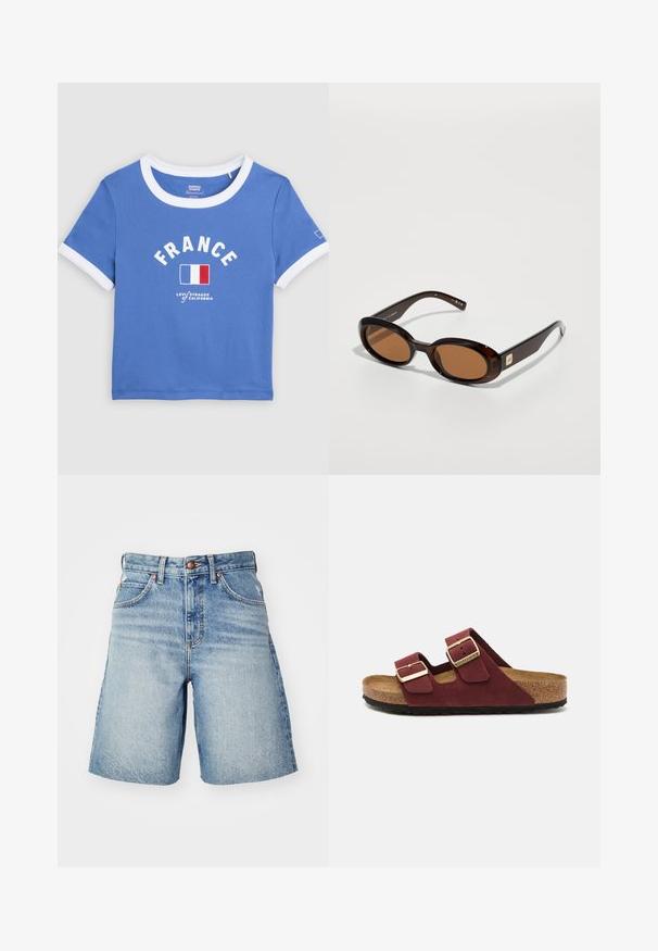 Sinine lühike t-särk valge krae ja varrukate äärisega, tekstiga "FRANCE", Prantsusmaa lipp ja Levi's Strauss of California logo ees.; Heledad jeans lühikesed püksid helesinises värvitoonis, kõrge vöökohaga, nööpse closinguga, viie taskuga ja kerge fade'iga kulunud välimuse saavutamiseks.; Birkenstock ARIZONA REGULAR - Sandaalid - zinfandel; Pruunist kilpkonnakuorest valmistatud päikeseprillid ovaalsete läätsedega, millel on õhuke raam ja väike metalline aktsent küljel. tekstuurne ja poleeritud pind.