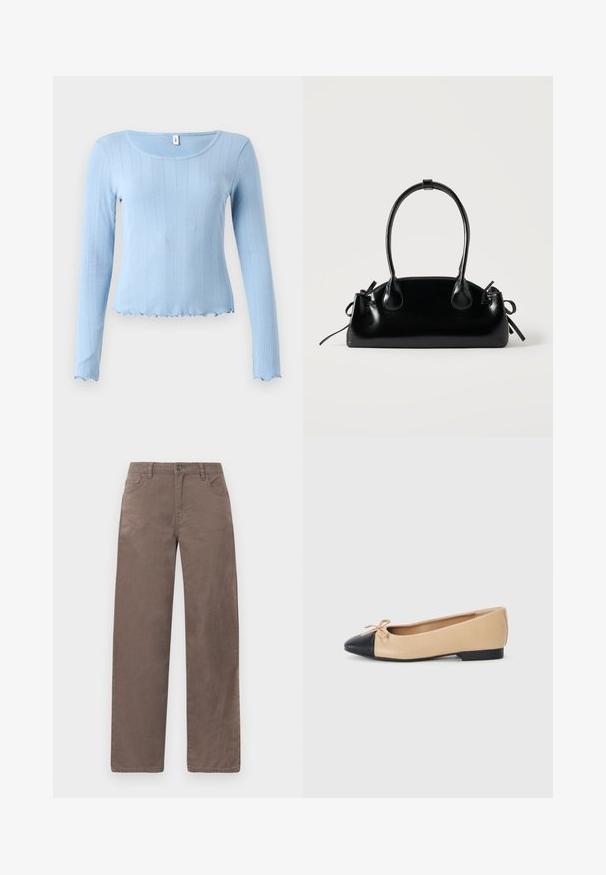 Haut à manches longues bleu clair côtelé avec un col en arrondi et un ourlet ondulé. Fabriqué dans un matériau doux, présentant un motif texturé subtil.; Pantalons marron à jambes droites en coton, avec une fermeture à bouton à l'avant, des passants de ceinture et cinq poches, dotés d'une texture lisse.; Ballerines en cuir beige avec un bout noir, dotées d'un petit nœud sur le devant et d'un petit talon en caoutchouc noir.; Petit sac à main noir brillant avec deux longues anses et des détails à cordon sur les côtés sur un fond clair uni.