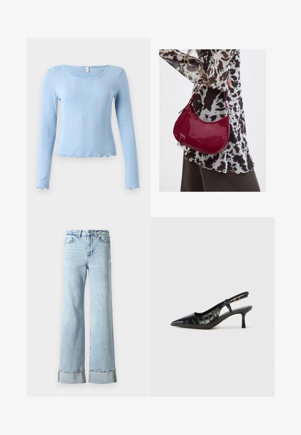 Top azul claro de manga larga con cuello redondeado y dobladillo ondulado. Hecho de material suave, con un patrón sutil de textura.; Jeans de mezclilla de color azul claro con piernas anchas, dobladillos deshilachados y detalles decorativos de strass en los puños. Diseño estándar de cinco bolsillos.; Tacones negros tipo slingback con punta afilada y un patrón texturizado con relieve de cocodrilo. Incluyen una correa estrecha en el tobillo y un tacón pequeño.; Mujer con blusa de estampado en blanco y negro sosteniendo un bolso de hombro rojo brillante sobre un fondo liso.