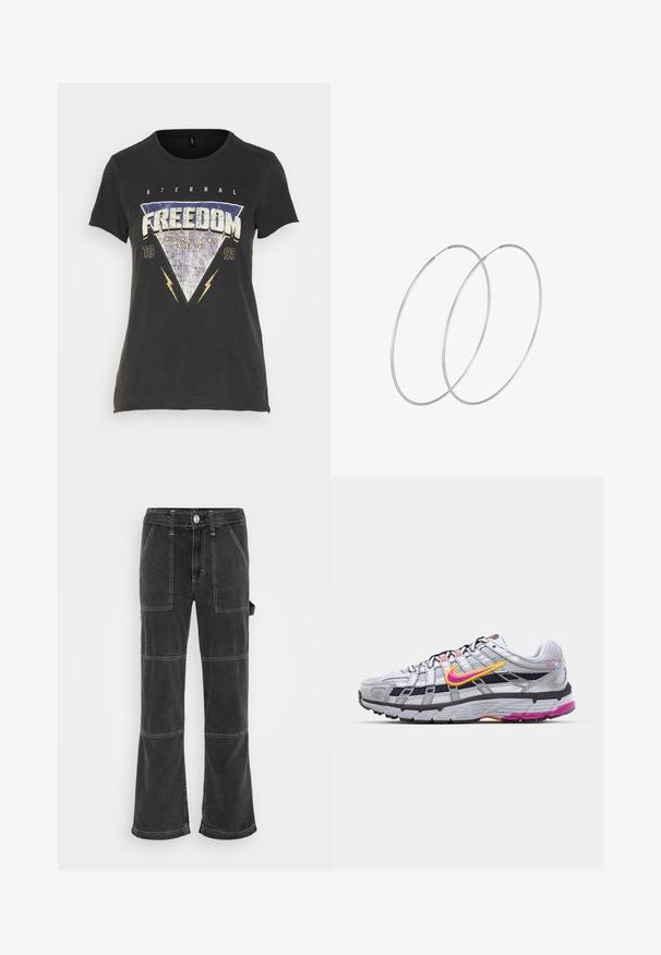 ONLY ONLLUCY REG S/S TOP JRS NOOS - Tričko s potlačou - black; BDG Urban Outfitters UTILITY SKATE - Džínsy voľného strihu - washed black; Šedé bežecké topánky z materiálu mesh s charakteristickým ružovým a žltým piktogramom, čiernymi akcentmi a textúrovanou gumovou podrážkou. Obsahujú zosilnenú špičku a polstrovaný golier.; Strieborné kruhové náušnice s minimalistickým dizajnom. Cirkulárny tvar, hladký povrch a tenký profil. Ľahké s lesklým povrchom.