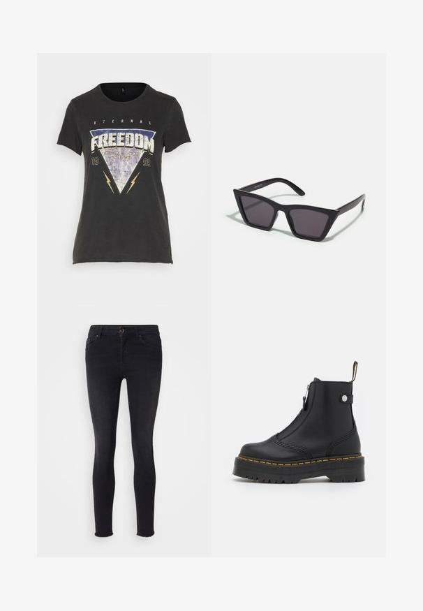 ONLY ONLLUCY REG S/S TOP JRS NOOS - T-shirt print - black; Zwarte skinny jeans van denimmateriaal, met een middelhoge taille, voorzakken en een rafelrand bij de enkels. Klassiek vijf-zakken ontwerp.; Zwarte enkellaars van soepel leer, met een zijrits, gele stiknaden en een dikke, gegroefde rubberen zool.; Zwarte, hoekige zonnebril met grijze lenzen; gemaakt van plastic, met dikke armen met een gladde oppervlakte en zonder zichtbare hardware.