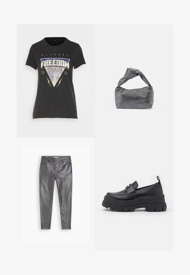 ONLY ONLLUCY REG S/S TOP JRS NOOS - Tričko s potlačou - black; Metalické šedé džínsy so slim fit strihom, dizajnom s piatimi vreckami a jemným leskom. Vyrobené z materiálu podobného denimu, s gombíkom a zipsom na zapínanie.; Čierny kožený mokasín s hrubou ryhovanou podrážkou, švy typu mok toe, detail popruhu na vrchu a pruh na päte, zobrazený z profilu.; Čierna a strieborná kabelka s textúrovaným povrchom so vzorom diamantov, s uzlovou rukoväťou a štruktúrovaným tvarom.