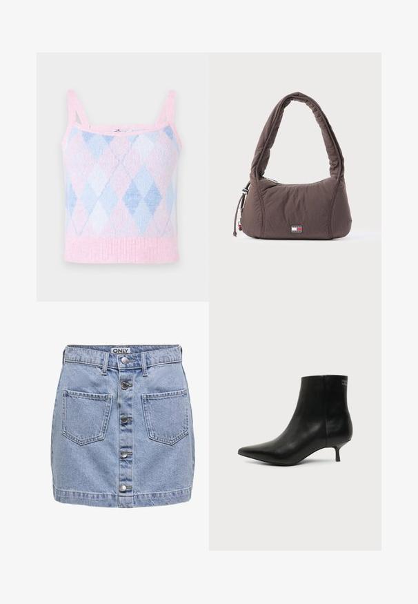 Strikket crop top med pink og lys blå argyle mønster, justerbare stropper og ribbet kant. Fremstillet af blødt, åndbart materiale.; Lys blå denim mini-sundress med fem knapper foran, to påsyede lommer, og en let slidt struktur. Mærket hedder "ONLY."; Sort læder ankelstøvle med spids tå og lav kitten hæl på lys baggrund, der viser yderside.; Brun skuldertaske i nylon med en buet, polstret form, udstyret med lynlås og et lille logodetalje. Tekstureret stof og fremtrædende håndtag.