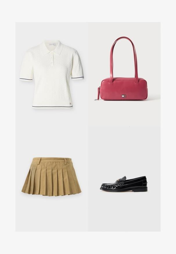 Hvid kortærmet strikket polo med tekstureret mønster, tre knapper, marineblå kant ved ærmer og kant samt lille Calvin Klein Jeans-logo.; Plisseret nederdel i sandfarvet stof med en tætsiddende talje, flere plisseringer og en lige nederste kant. Ingen synlige lukninger eller detaljer.; Sorte læder loafers med rund tå, dekorativ sying og en lille gul accent på vampen. Flad gummisål, slankt design.; Lyserød læderhåndtaske med rektangulær form, dobbelte håndtag og en lille metalemblem på fronten, med en glat, blank tekstur.