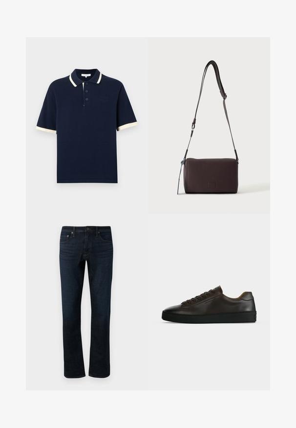 Mørkeblå polo med korte ærmer, tre knapper, hvid kant ved krave og ærmekanter samt et diskret broderet logo på brystet.; Mørkeblå denimjeans med lige ben, der har et klassisk fem-lomme design og subtile syninger.; Lavprofil mørkebrune lædersneaker med sort gummisål, snørelukning foran og glat minimalistisk design på lys baggrund.; Mørkebrun textured læder crossbody taske med justerbar rem og lille dekorativ blå accent på siden.