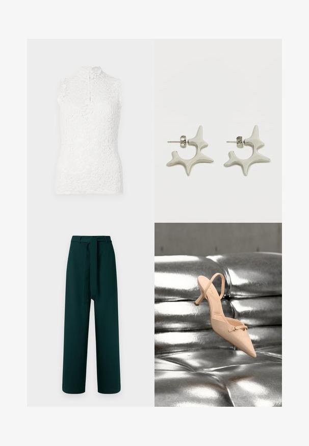 Haut sans manches en dentelle blanche avec col montant, motif floral et fermeture à boutons sur fond uni.; Pantalon vert à coupe large, avec passants de ceinture, ceinture en tissu nouée et texture lisse ; présente une taille haute et aucun motif visible.; Chaussure beige à bout pointu avec dessus texturé, fine bride et petit talon, posée sur une surface métallique brillante.; Boucles d'oreilles en argent présentant un design abstrait distinctif avec des formes irrégulières et une finition brillante. Comprend une attache à tige pour fixation.