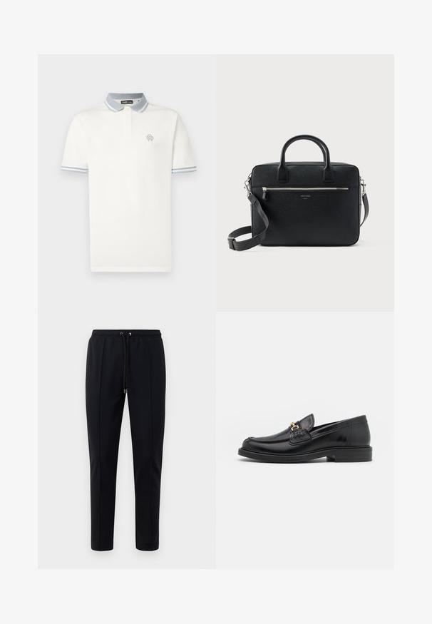 Polo blanco de algodón, con cuello en contraste azul claro con rayas, mangas cortas y un pequeño logo bordado en el pecho.; Pantalones de chándal negros hechos de material suave y elástico. Cuentan con una cintura elástica con cordones y piernas ajustadas. Sin patrones visibles.; Mocasines de cuero negro con punta redondeada, que cuentan con un detalle de herrajes dorados y costuras, situados sobre una suela de goma texturizada y baja.; Maletín rectangular de cuero negro con textura, con doble asa, bolsillo frontal con cremallera y correa de hombro ajustable, mostrado sobre fondo blanco.
