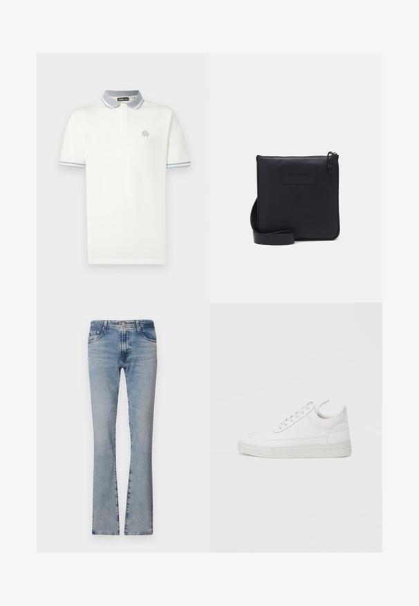 Hvid poloshirt lavet af bomuld, med en kontrastfuld lyseblå krave med striber, korte ærmer og et lille broderet logo på brystet.; Lyseblå denimflarebukser med mellemhøj talje, fem lommer og en falmet finish, med lynlås og metalknaplukning.; Hvid lædersneaker med rundet tå, flad sål og snørebånd foran. Har syningsdetaljer og polstret krave for komfort.; Sort læder crossbody taske med tekstureret overflade, rektangulær form, lynlås lukning og justerbar strop. Har et diskret brandlogo foran.