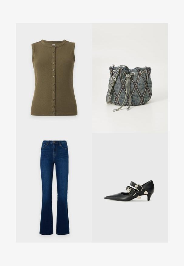 Olijfgroene mouwloze top met een ribbelstructuur, ronde halslijn en een voorkant met knopen, voorzien van zeven grijze knopen.; Donkerblauwe flared jeans van denim met een hoge taille, voorzien van voorzakken, een ritssluiting en subtiele stikseldetails.; Replay CECILE DOUBLE - Klassieke pumps - black; Denim emmer tas met een diamant-quilt patroon, grijze trekkoordsluiting, zilveren hardware accenten en een zachte textuur, met een afneembare schouderband.