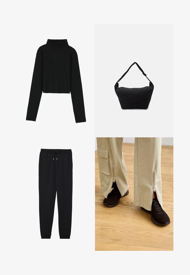 Even&Odd T-shirt à manches longues - black; Pantalons de jogging noirs en tissu doux, avec une taille élastique munie d'un cordon de serrage, des poches latérales et des chevilles fuselées.; Pantalons beige à jambes larges avec des zips aux chevilles, associés à des chaussures de sport noires avec un dessus texturé et une semelle rembourrée.; Sac à épaule en tissu noir avec une surface texturée douce, de forme arrondie et une seule sangle. Design minimaliste sans accessoires ni quincaillerie visibles.
