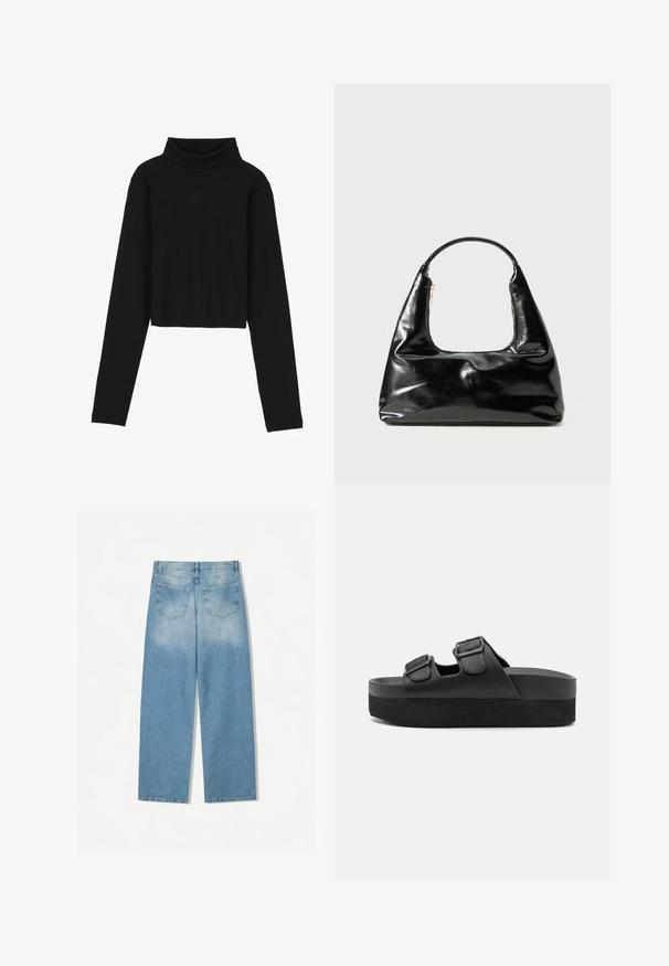 Even&Odd Langarmshirt - black; Helleblaue Denim-Jeans mit geradem Bein, ausgestattet mit zwei Gesäßtaschen und einer ausgebleichten Textur im oberen Bereich.; Schwarze Plattform-Sandalen aus glattem Material, mit zwei verstellbaren Riemen mit Schnallen und einer strukturierten Sohle für besseren Halt.; Schwarze Lacklederhandtasche mit einem halbkreisförmigen Griff, trapezförmiger Form, glatter Oberfläche und einem einzigen Reißverschlussdetail.