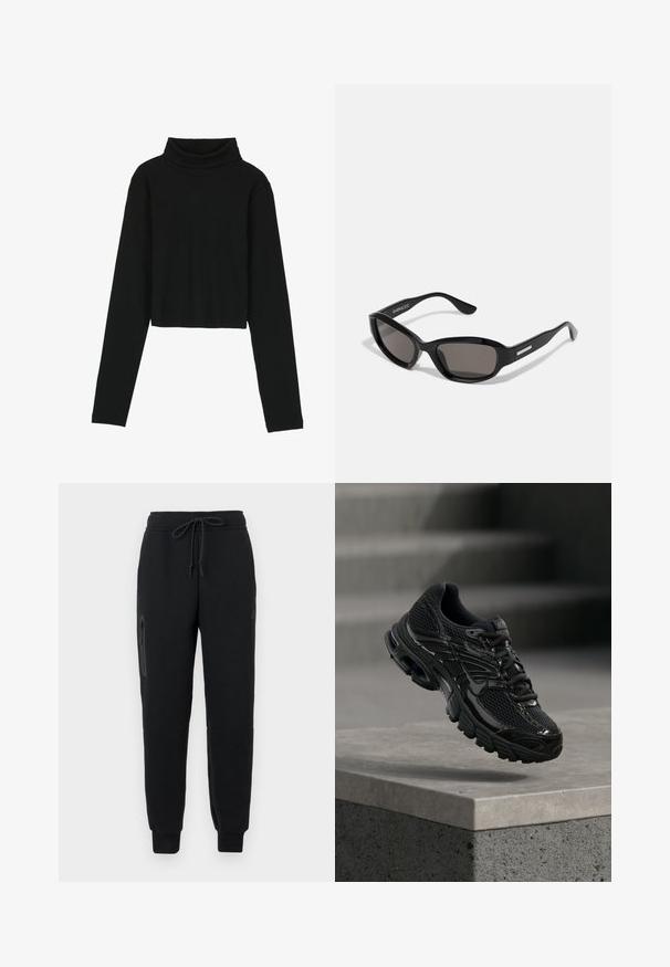 Even&Odd Langærmet T-shirt - black; Sorte sweatpants med snoretræk i taljen, lynlåslomme i siden og tætsiddende nederste kant. Fremstillet af blødt, struktureret stof.; Sort Nike løbesko med mesh og syntetisk overdel, der svæver over en betonoverflade og trin i baggrunden.; Sorte solbriller med rektangulært stel, mørke linser, glat plastmateriale og en metalaccent på templet.