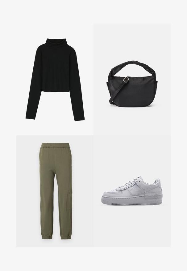 Even&Odd by Zalando Langærmet T-shirt - black; Oliven grønne joggerbukser med elastisk talje, indsnævret nederdel og en sidelomme med lynlåsdetalje. Blødt, strækbart stof.; Grå Nike Air Force 1 sneakers med perforeret tå, glat læderoverdel, tyk sål og præget 'AIR' detalje på hælen.; Sort stof skuldertaske med et snoet håndtag, en aftagelig rem og en lynlåslukning i toppen. Glat tekstur og minimalistisk design.