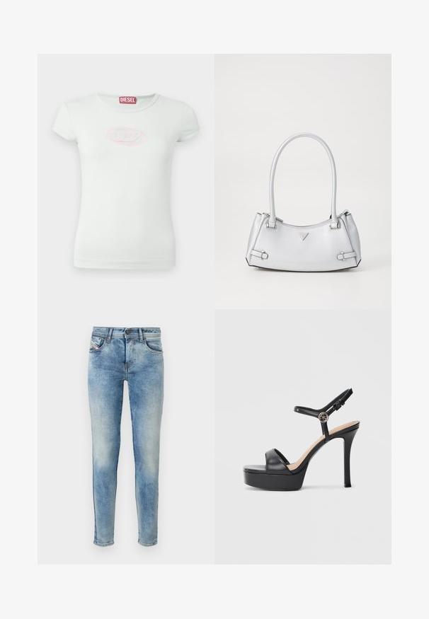 Lichtgroene T-shirt met korte mouwen, gemaakt van zacht katoen; heeft een roze geborduurd ovaal logo op de borst; ronde halslijn.; Lichtblauwe denim jeans met een slim fit, vijfzakkenontwerp en een licht vervaagde textuur. Voorzien van een knoopsluiting en gestikte details.; Zwarte platformsandalen met een hoge naaldhak, voorzien van een glad leren bovenkant, een peep-toe ontwerp en een verstelbare enkelriem met beslag.; Zilveren handtas met een gestructureerd ontwerp, voorzien van twee handvatten, een glanzende textuur, opvallende hardware en een driehoekig logo aan de voorkant.