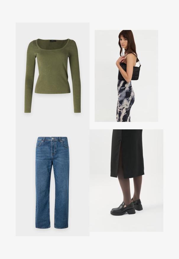 Olivengrøn langærmet top lavet af ribbet stof, med firkantet udskæring og tætsiddende design. Karakteristisk tekstur med diskrete mønstre.; Blå denimjeans med lige ben og høj talje. Funktioner inkluderer forlommer, knaplukning og diskrete stikninger.; Kvinde iført sorte loafers med chunky hæl, sorte tynde strømpebukser og en sort nederdel med slids bagpå på hvid baggrund.; Sort quiltet skuldertaske med en enkelt rem og sølvhardware, parret med en tætsiddende kjole med tie-dye mønster i nuancer af sort og creme.