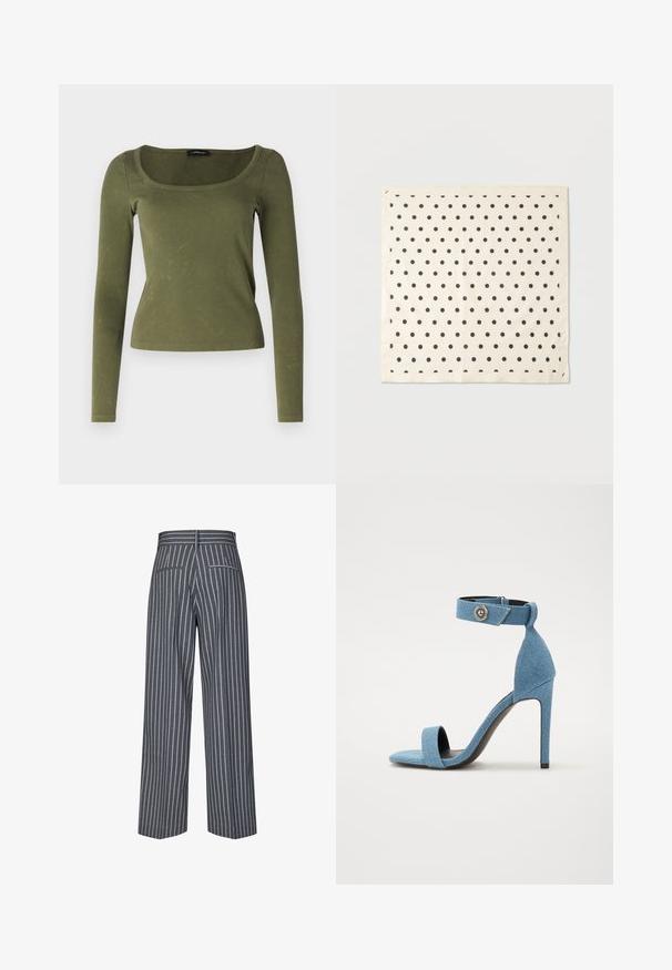 Haut à manches longues vert olive en tissu côtelé, présentant un décolleté carré et une coupe ajustée. Texture distinctive avec des motifs subtils.; Pantalons larges à rayures grises avec une texture lisse, présentant des rayures verticales bleues, une taille haute et deux poches arrières.; Sandale à talon haut en denim bleu avec une bande de cheville et une fermeture à bouton. Caractéristiques d'un bout carré et d'une semelle noire pour le contraste.; Foulard carré crème avec des pois noirs régulièrement espacés, posé à plat sur un fond blanc, montrant de légers plis dans le tissu.