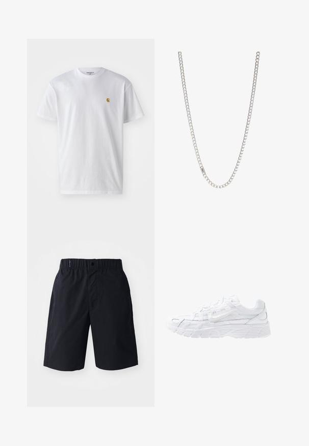 Camiseta de algodón blanca con mangas cortas, cuello redondo, que presenta un pequeño logo dorado en la parte izquierda del pecho. Textura suave y corte regular.; Pantalones cortos negros hechos de tejido ligero, con un frente plano, cintura elástica y bolsillos laterales. Diseño simple sin patrones.; Nike Sportswear P 6000 - Zapatillas - white/platinum tint; Collar de cadena de plata con eslabones entrelazados, textura suave y forma rectangular uniforme. Detalle de cierre seguro.