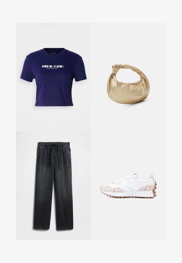 Tumedat sinine lühike T-särk, mis on valmistatud puuvillast, lühikeste varrukate ja ümmarguse kaelusega. Esiküljel on valget teksas "CALVIN KLEIN NEW YORK CITY".; Mustad teksapüksid, millel on elastne vöökoht ja pael, lai lahendus ning õrn pleekimine. Kahe küljetaskuga.; Valge spordijalats beeži ja helepruuni kirjudetailidega, nöörkinnitusega ja tekstureeritud kummist tallaga haarduvuse tagamiseks.; Kuldmetallist käekott, millel on siledast ja läikivast tekstuurist pind. Omab sõlmega käepidet ja ümardatud, pehmet kuju. Ülemine osa lukuga suletav.